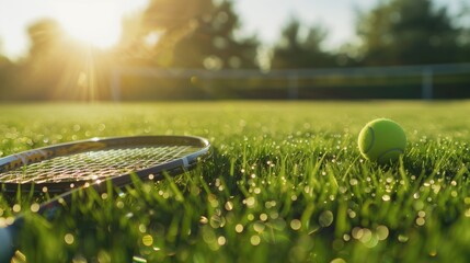 A tennis racquet and ball on a grass court, view from the baseline. Early morning dew on the grass, soft diffused light. .Concept of sport, healthy lifestyle, physical activity