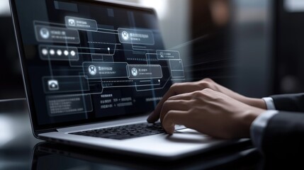 Business developer using Kanban board framework on laptop computer. Agile software development lean project management tool, project management, business development concept