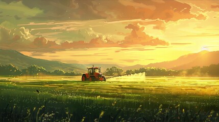 Fototapeta premium Tractor spraying pesticides in a golden rural field at sunset in the middle ,with mountains in the background, in a digital painting style