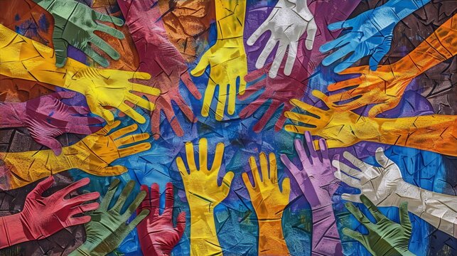 Colorful hands reaching out from a blue background in a contemporary, pop art style, conveying unity, diversity, and inclusion.