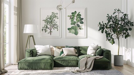 **An elegant living room interior with a green velvet sofa, botanical prints, and a potted tree, in a contemporary style with a touch of mid-century modern.**