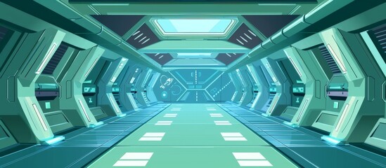 Naklejka premium Futuristic spaceship corridor featuring a vibrant green floor and high-tech design elements