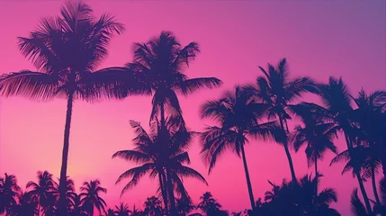 Foto op Canvas ??????????????The pink purple sky and palm trees in the image convey a sense of tropical paradise and summer vacation, evoking a relaxing and carefree mood in viewers.?????????????? © sidatallah