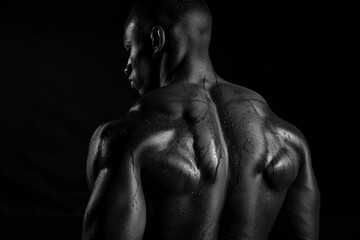 A man standing with his back to the camera in darkness, showcasing his silhouette with defined back muscles