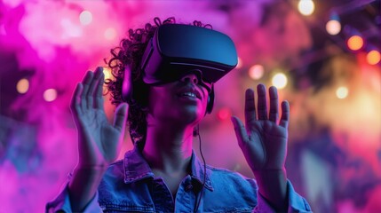 Afro woman wearing virtual reality headset and gesturing with hands in amazement at a concert with bright lights in the background - obrazy, fototapety, plakaty