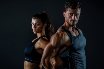 Fototapeta na wymiar An athletic man and woman are posing for a picture on a black background, showcasing sportswear for fitness and sport motivation