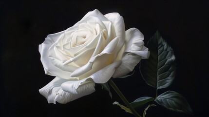 White rose in full bloom against a black backgroud ,with stem and leaves ,in hyper realistic style ,evoking purity ,love and elegance