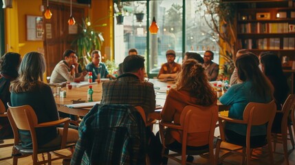 People sitting around table having discussion in bright room, interior, photojournalism, realism, warm - obrazy, fototapety, plakaty