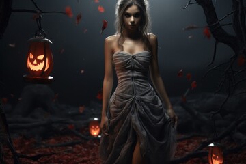 Attractive sorceress with dark beauty, portraying the concept of horror and fantasy on a creepy Halloween night.
