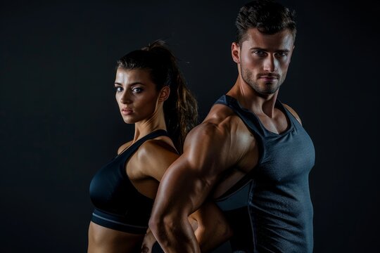 An athletic man and woman are posing for a picture on a black background, showcasing sportswear for fitness and sport motivation