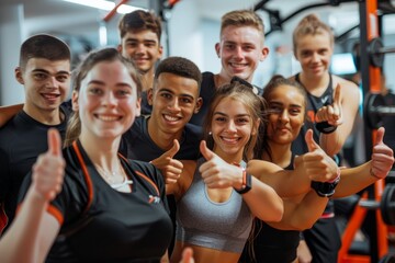 A group of happy young people in sportswear showing thumbs up gestures in a gym setting