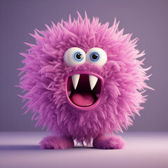 A fluffy ball-shaped surprised purple colored monster screams and waves its arms. Shocked smiley...