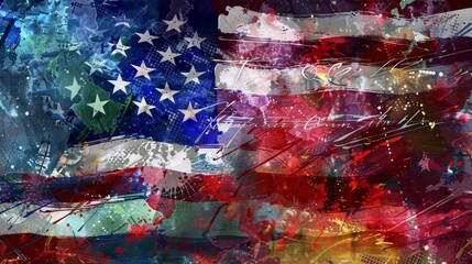 Brushstrokes of red, white and blue paint convey a sense of patriotism and national pride in an abstract painting of the American flag.