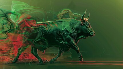 A green and red bull made of digital paint in motion conveys strength and power in a contemporary digital art style.