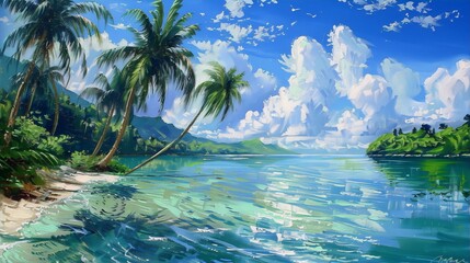 Tranquil turquoise waters and palm trees painted in vivid tropical colors convey a sense of idyllic summer vacation paradise, evoking a relaxing and peaceful mood in the viewer.