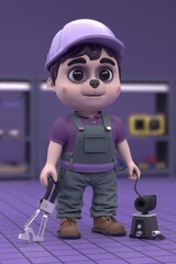 Cute cartoon plumber in purple uniform and hard hat holding a soldering iron and cutter in a purple room with shelves full of tools