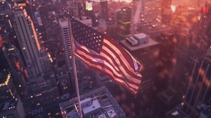 A waving American flag against a backdrop of a cityscape at sunset in warm colors conveys a sense of patriotism and national pride.