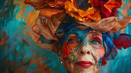 Avant-garde woman face painted in bright colors with matching headpiece made of fabric and flowers.