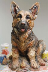 A German Shepherd sculpture with a light brown and black fur, sitting on a table with paint cans and a pink flower, made of clay in a realistic style.