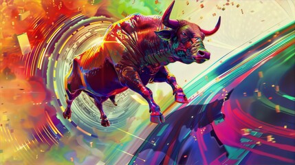 A multicolored bull charges forward with determination and power, embodying strength, courage, and untamed energy in a dynamic and vibrant digital painting.