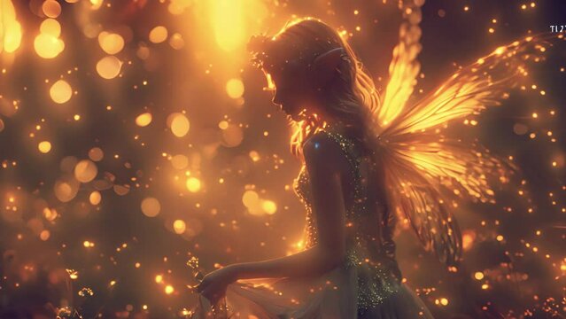 Fairy in magical forest. Fairy tale magical morning forest with glowing fireflies. Magical particles swirl among the fantastically enchanted trees. Mystical woods. High quality 4k footage Fantasy