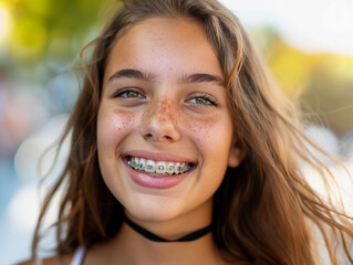 A smiling girl teenager with braces mouth, close up  - obrazy, fototapety, plakaty