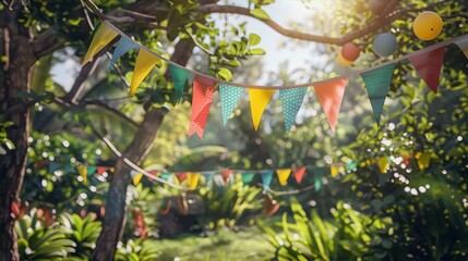 Colorful party flags hanging in a lush green garden, creating a festive atmosphere. - obrazy, fototapety, plakaty