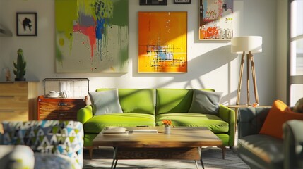 Bright living room interior with green sofa, coffee table, paintings, and sunlight shining through the window in pop art style