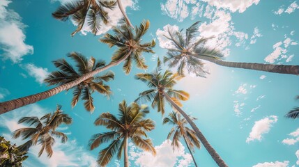 coconut trees against the blue sky and white clouds convey a tropical island paradise in photography