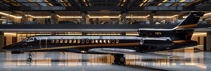 A modern hangar with a modern high-tech private jet standing in it. Private jet shines in hangar,...
