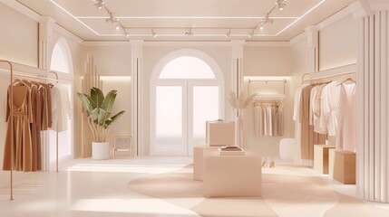 Minimalist fashion boutique interior with clothing racks and neutral colors conveys a sense of understated elegance and sophistication