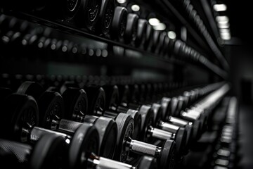 A lineup of dumbbells neatly arranged on a rack in a gyms fitness and workout room