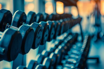 Collection of dumbbells neatly lined up on a rack in a gym, ready for fitness and workout sessions