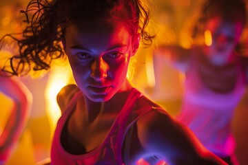 Obraz premium A woman wearing a white tank top is energetically dancing