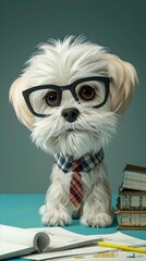 A fluffy white dog wearing horn-rimmed glasses and a plaid tie sits on a desk, beside a stack of books and financial papers.