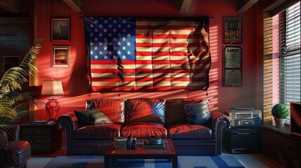 An American flag hangs on a red wall in a living room with a leather couch and a blue rug, in the style of photorealism with a hint of retro, conveying a sense of patriotism and nostalgia.