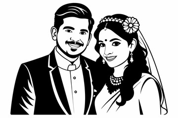 Wedding Indian coupe clipart black and white on white background