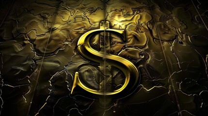Golden 3D rendering of a dollar sign on a dark cracked background in an Art Deco style