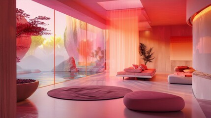 Pink and purple interior space with large windows and a view of a forest.