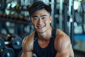 Muscular asian man in sportswear fitness trainer smiling and looking at the camera with a barbell...