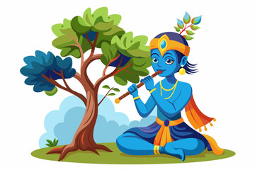 Hindu god Krishna sitting under a tall tree  with flute on an isolated white background