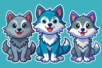 Set of stickers with cute Wolf cubs, funny icons, all Wolfs individually, vector 