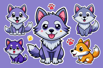 Fototapeta premium Set of stickers with cute Wolf cubs, funny icons, all Wolfs individually, vector 