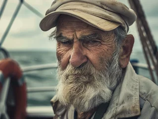 Foto op Canvas An elderly man with a skipper's beard wearing captain's cap. Fishing schooner in the North Sea  © Business Pics