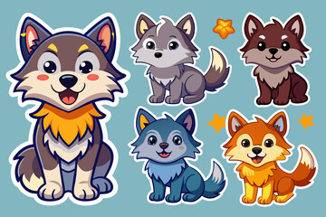 Set of stickers with cute Wolf cubs, funny icons, all Wolfs individually, vector 