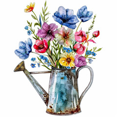 Rustic Watering Can Bursting with Colorful Spring Flowers - 783347349