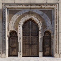 ornate golden doors with intricate carvings set in a grand stone archway
