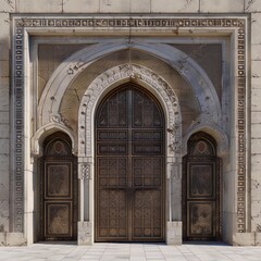 Obraz premium ornate golden doors with intricate carvings set in a grand stone archway