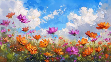 vibrant wildflowers meadow with a cloudy blue sky in the background painted in an impressionist style - obrazy, fototapety, plakaty