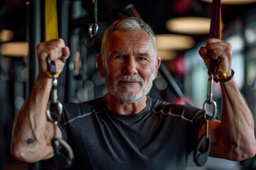 A senior man with grey hair and a beard is actively doing pull ups in a gym, demonstrating his commitment to fitness and a healthy lifestyle - obrazy, fototapety, plakaty